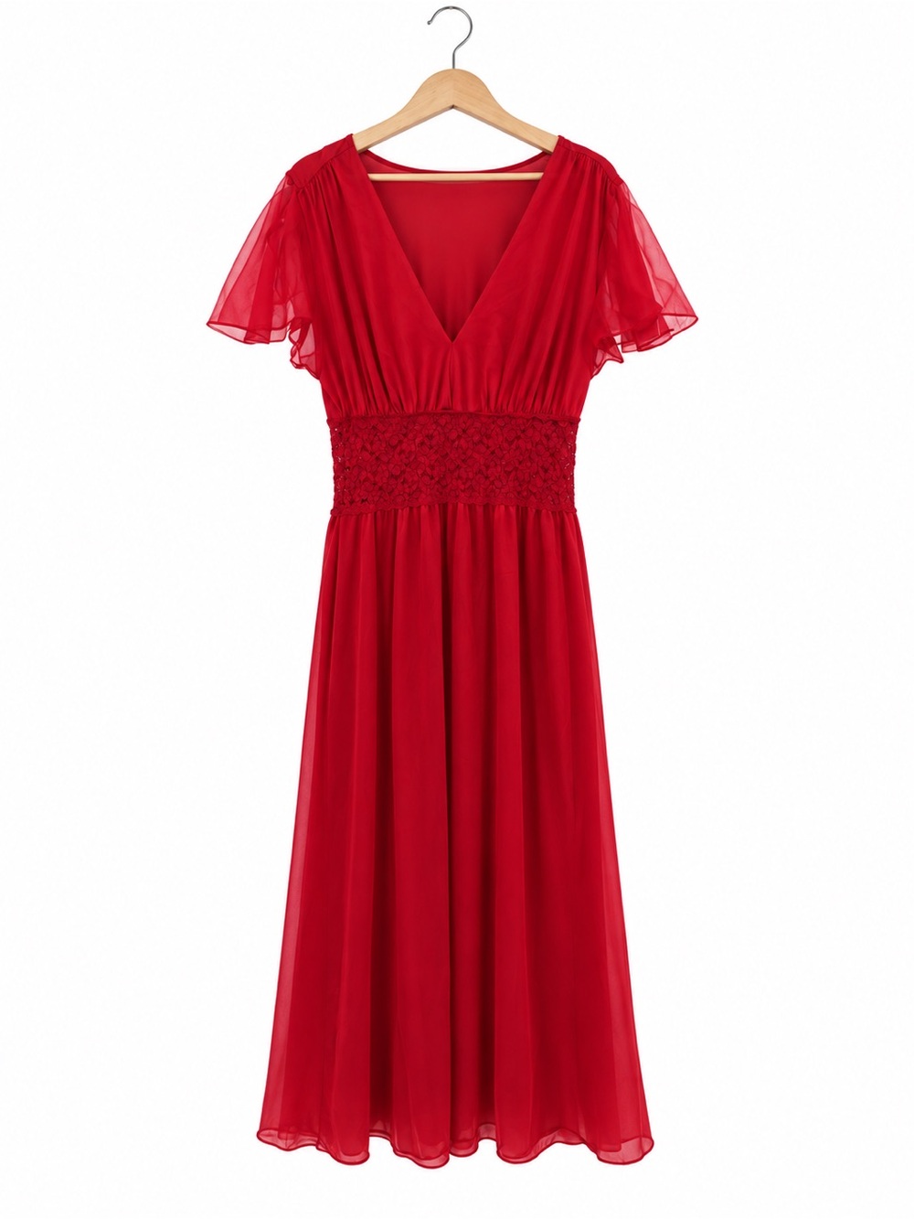 Vintage Red Nylon Lace Waist Midi Nightgown Dress L Made in USA Flutter Sleeve